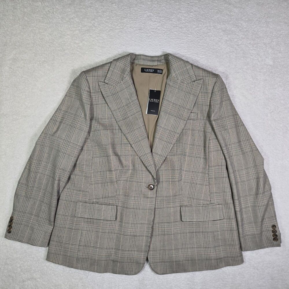 Lauren Ralph Lauren Glen Plaid Blazer Navy Tan Cotton Wool Blend 20W New